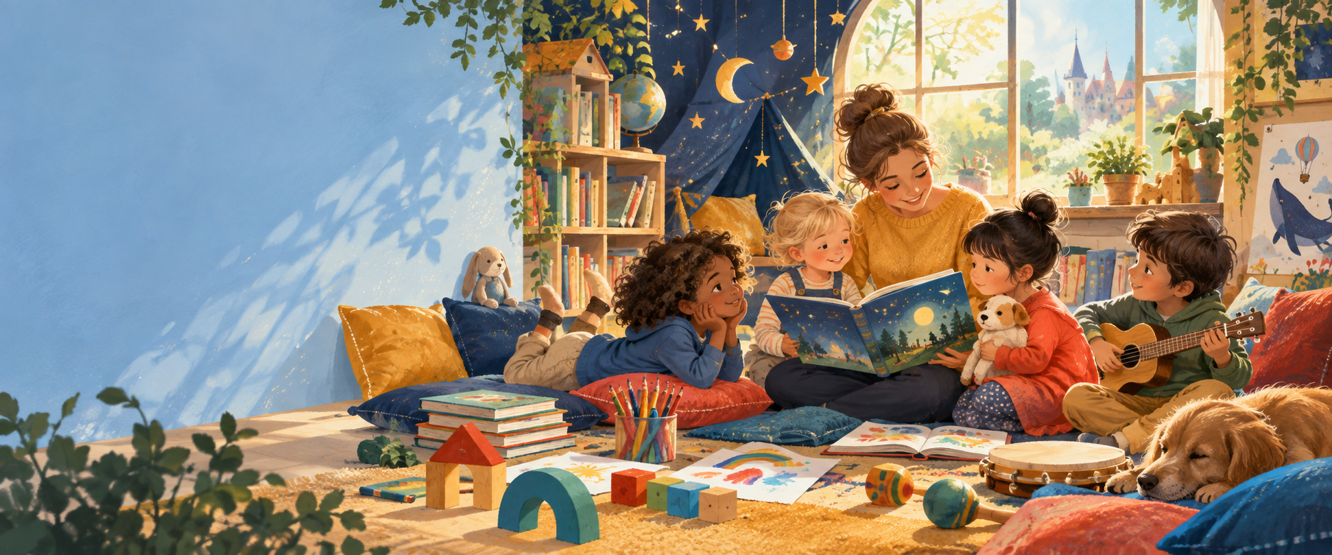 Kinder entdecken gemeinsam Bücher, Musik und kreative Spiele